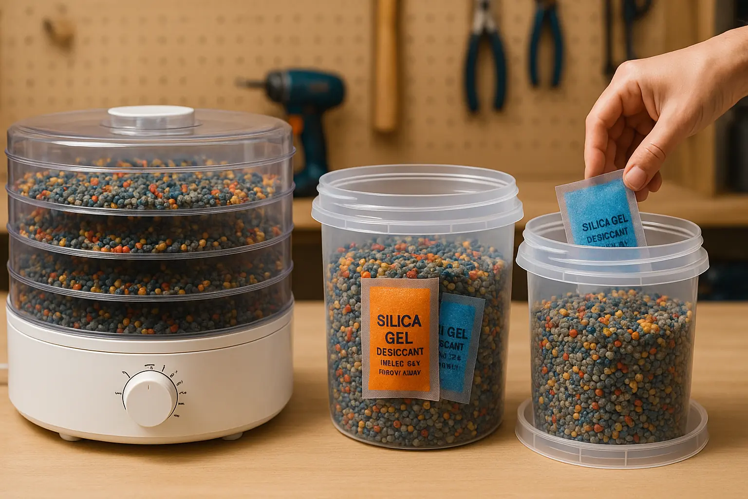DIY pellet drying in a food dehydrator; airtight containers with desiccant packs ensure moisture-free storage.