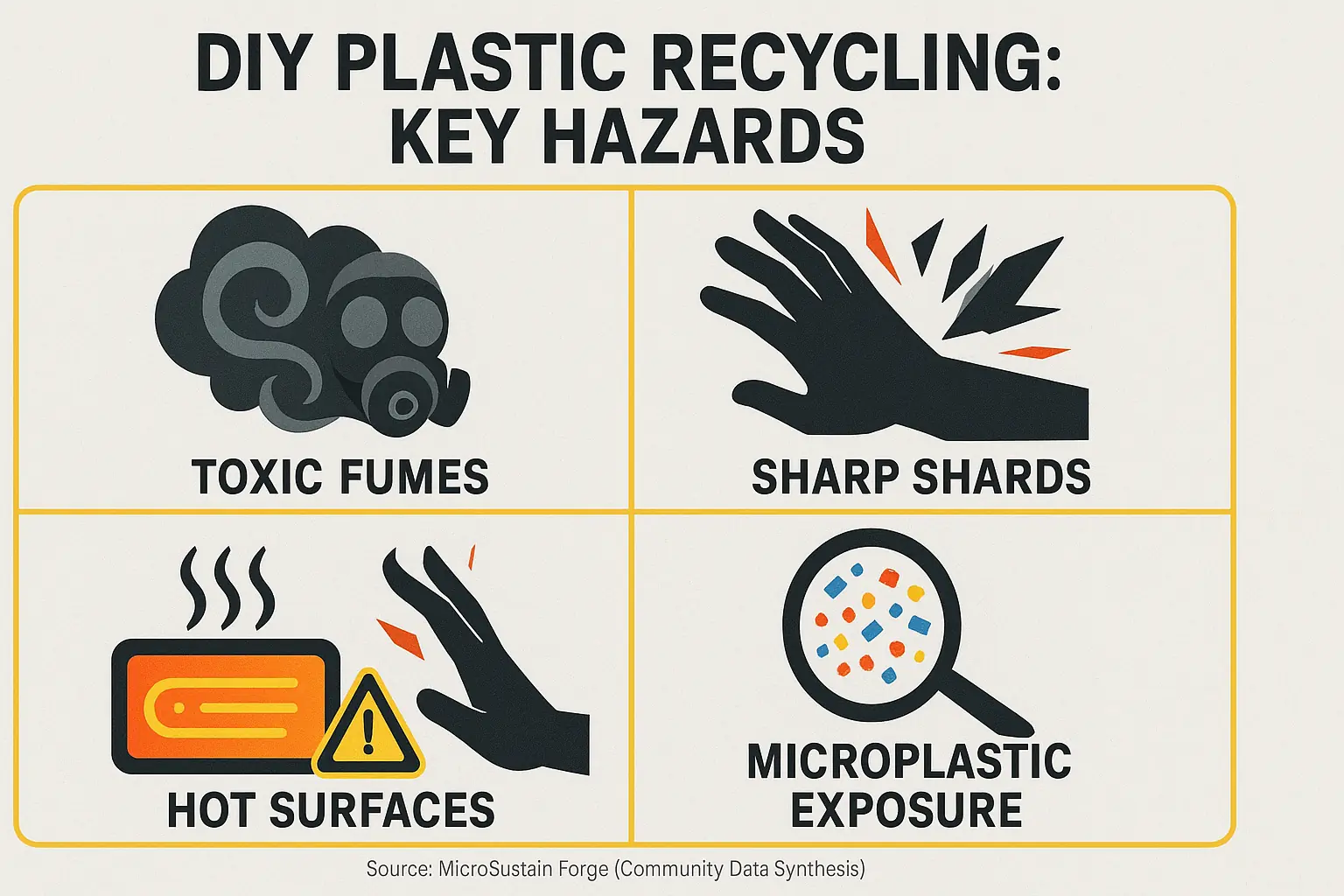Infographic: Warning icons for DIY plastic recycling hazards - fumes, shards, hot surfaces, and microplastics.