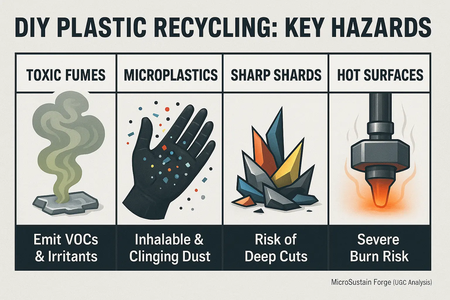 Infographic: 4 hazards—toxic fumes, microplastics, shards, hot surfaces—with clear icons (e.g., chemical cloud) &amp; labels.