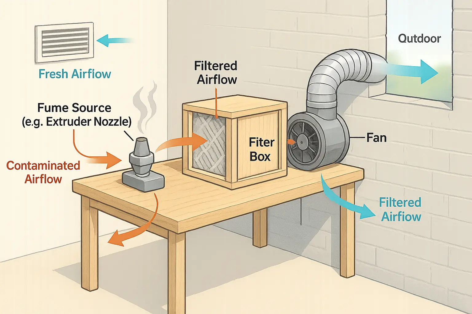 DIY ventilation diagram for plastic recycling: fan, filter, exhaust, intake, airflow for fume &amp; microplastic safety.