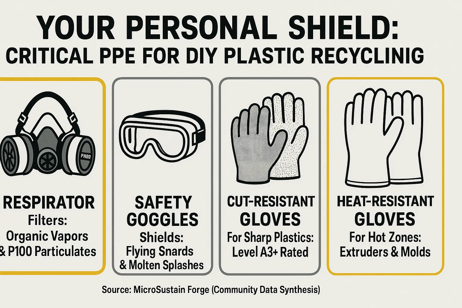 Safety infographic: Icons &amp; labels detail essential PPE for DIY plastic recycling: respirator, goggles, cut &amp; heat-resistant