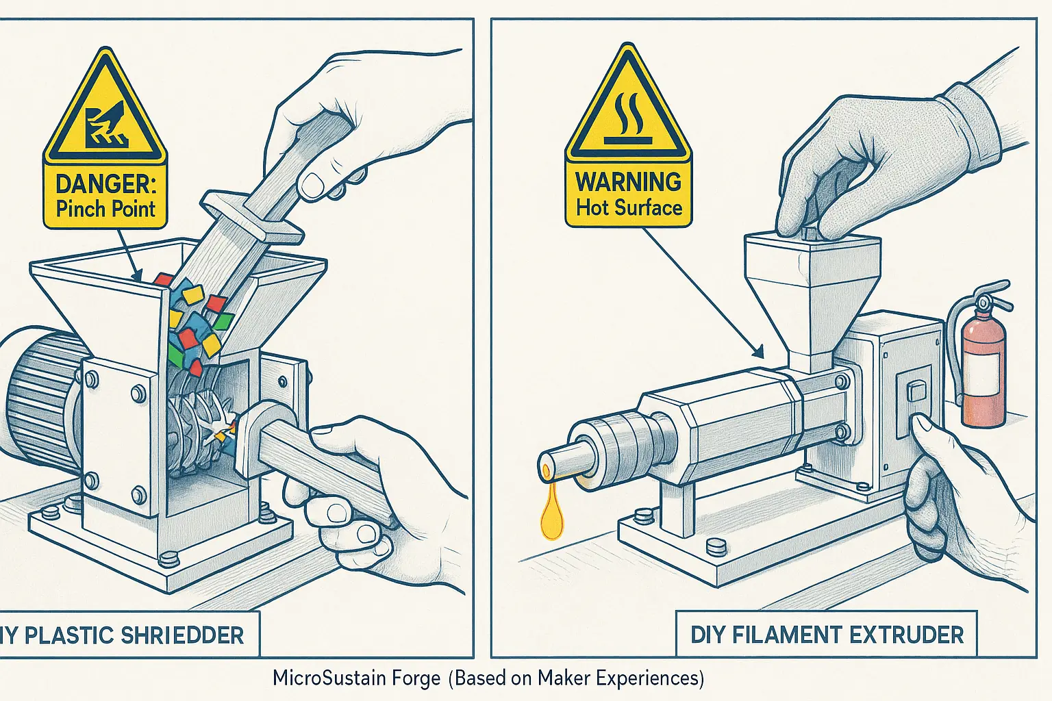 Diagram: Safe shredder use (hand clear of blades), extruder (avoid hot nozzle), with pinch &amp; hot surface warnings.