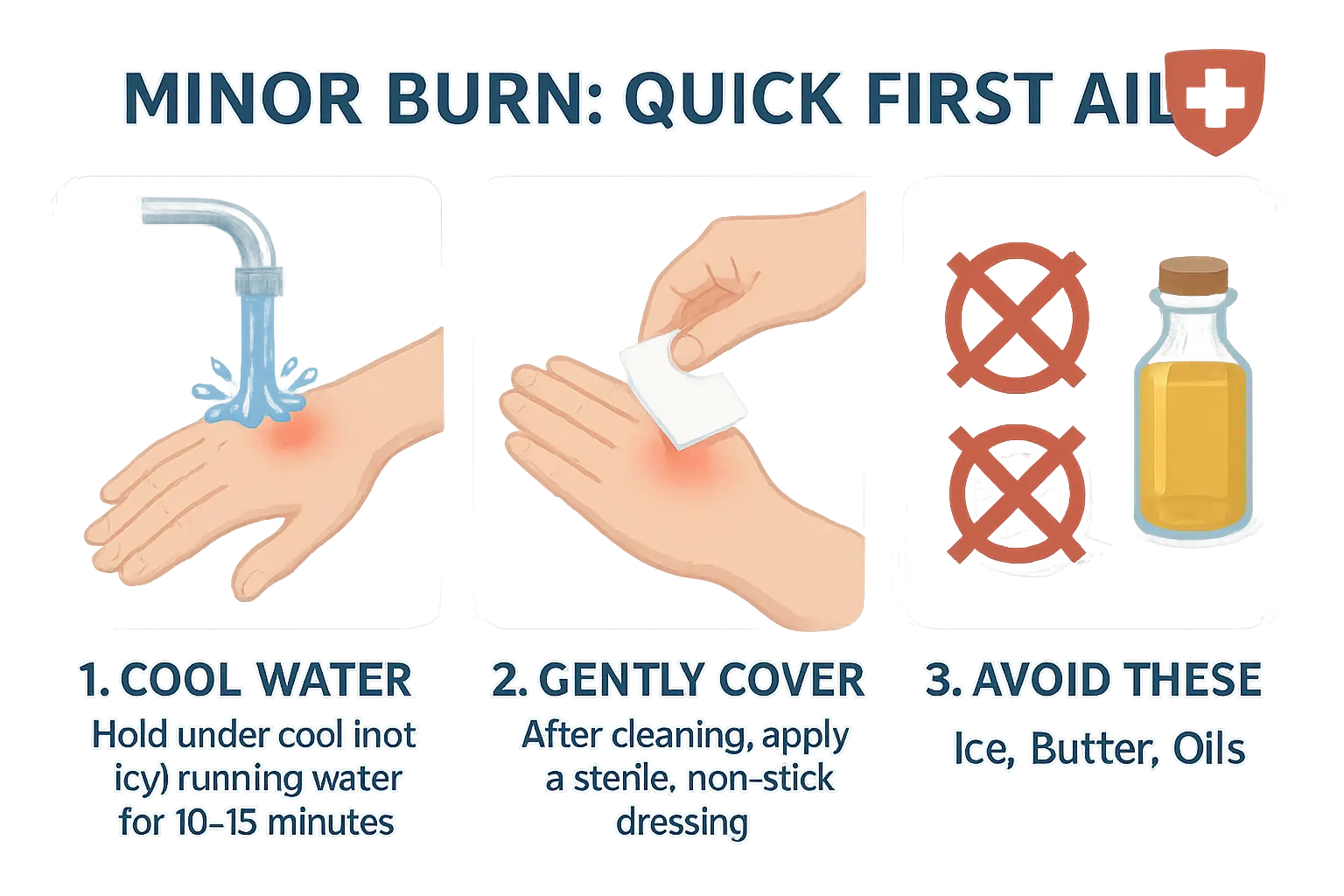 Infographic: Treating minor burns - cool water, clean cloth, no ice; kit icon. For DIY recycling burn safety.