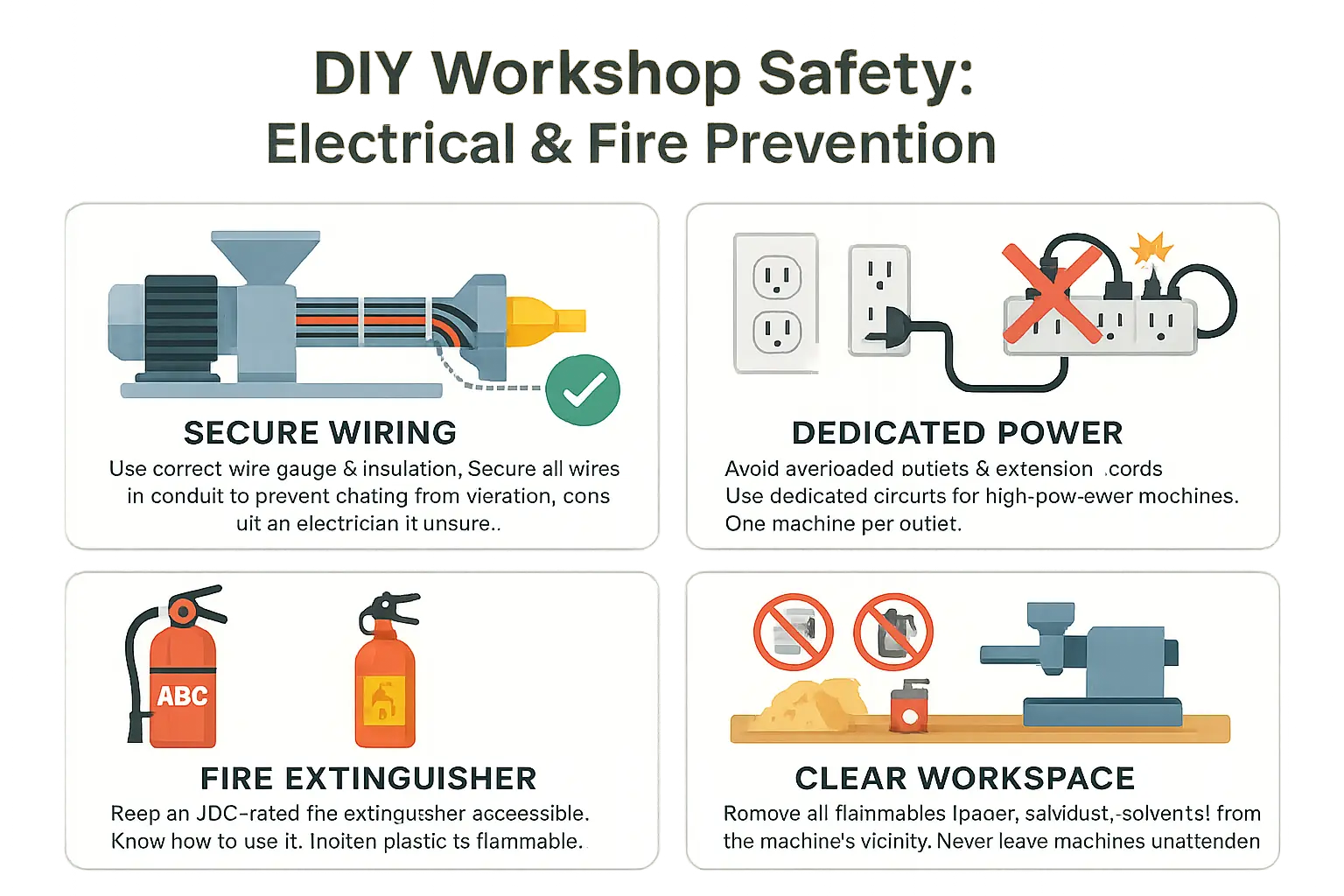 Infographic: Key electrical &amp; fire safety checks for homemade recycling machines: wiring, extinguisher, clear space, no
