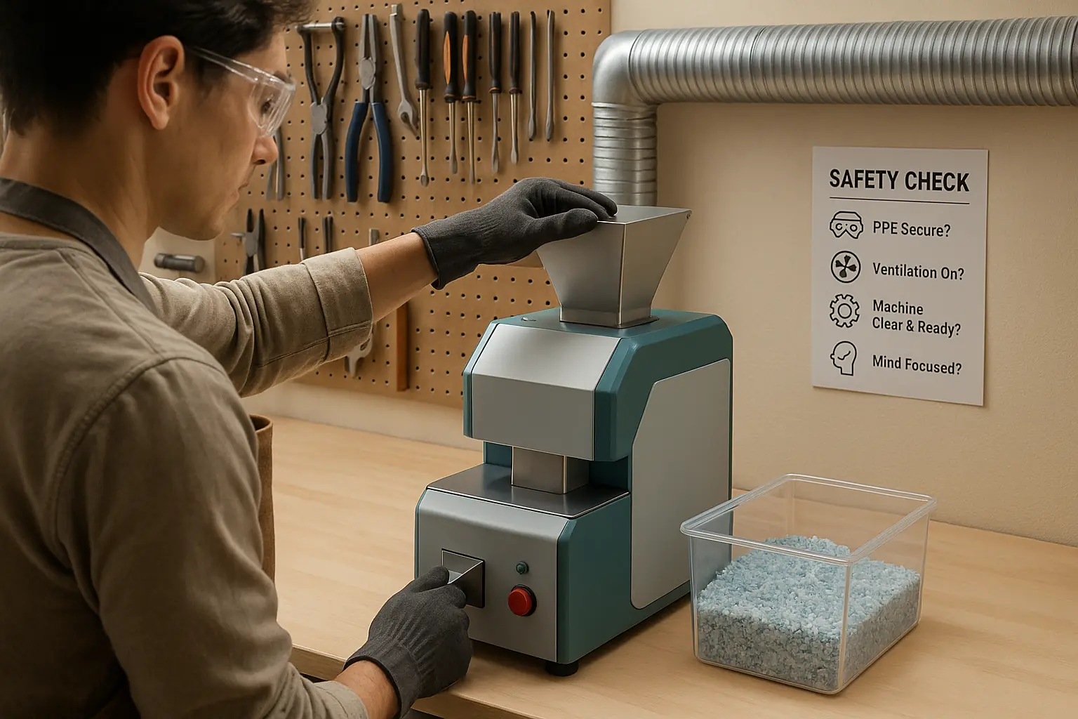 Secure recycling workshop: Person with PPE safely uses plastic recycler in a clean, ventilated, and organized workspace.