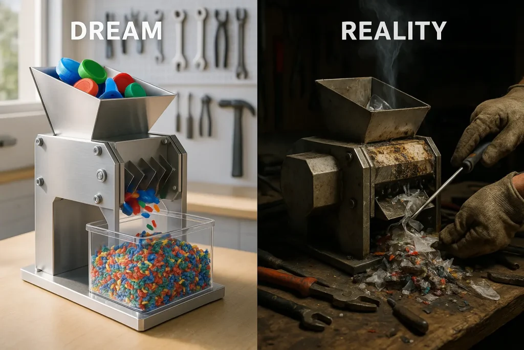 Split screen contrasts DIY shredder 'Dream' (sleek, clean flakes) with 'Reality' (jammed, messy, maker struggling).