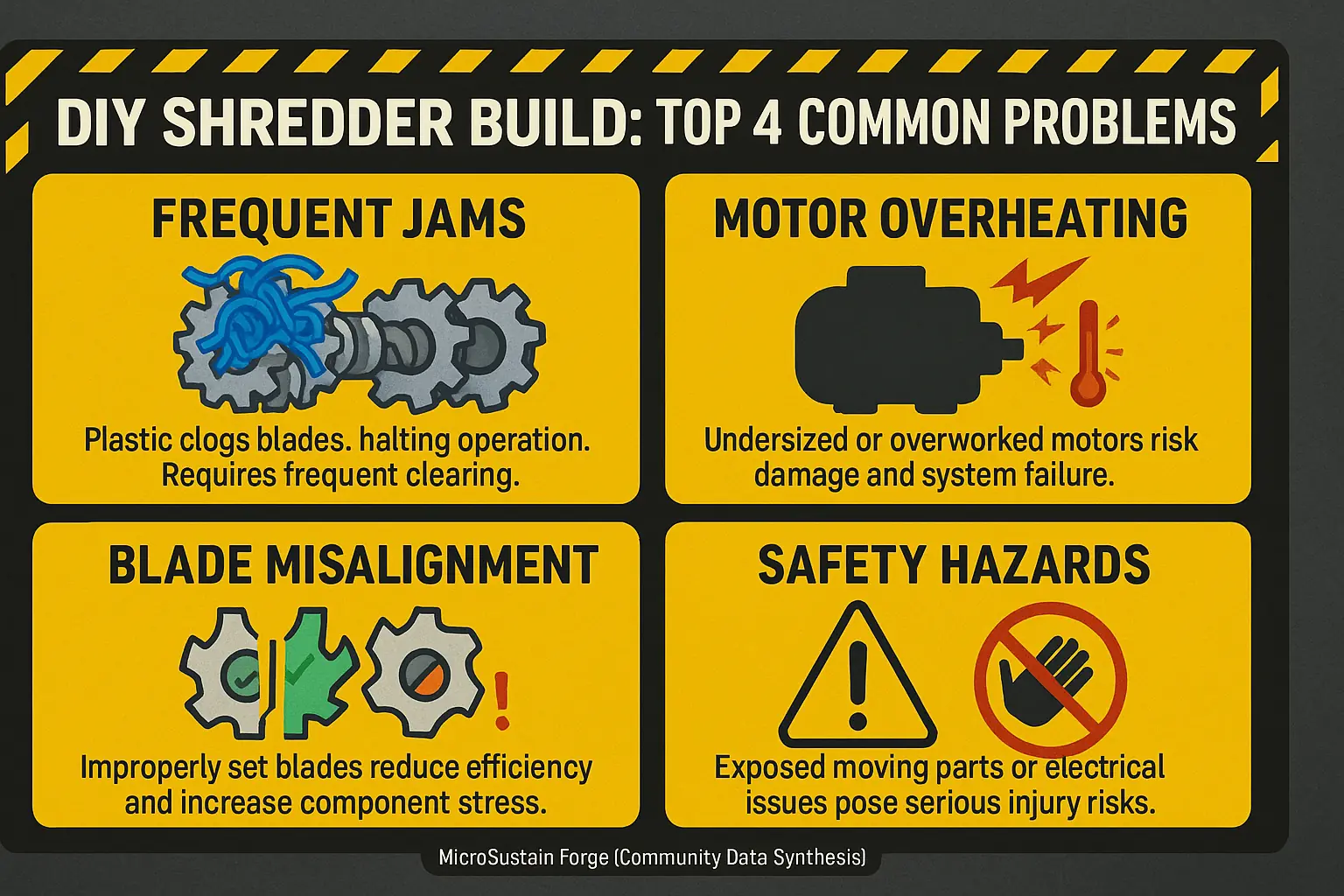 Infographic: 4 common DIY plastic shredder build problems, styled as warnings: Jams, Overheating, Misalignment, Safety.