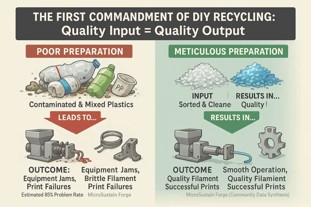 Infographic: Dirty plastic fails DIY recycling (clogs); clean, sorted plastic succeeds (smooth filament, quality prints).