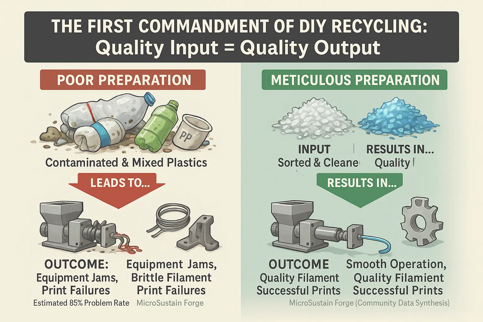 Infographic: Dirty plastic fails DIY recycling (clogs); clean, sorted plastic succeeds (smooth filament, quality prints).