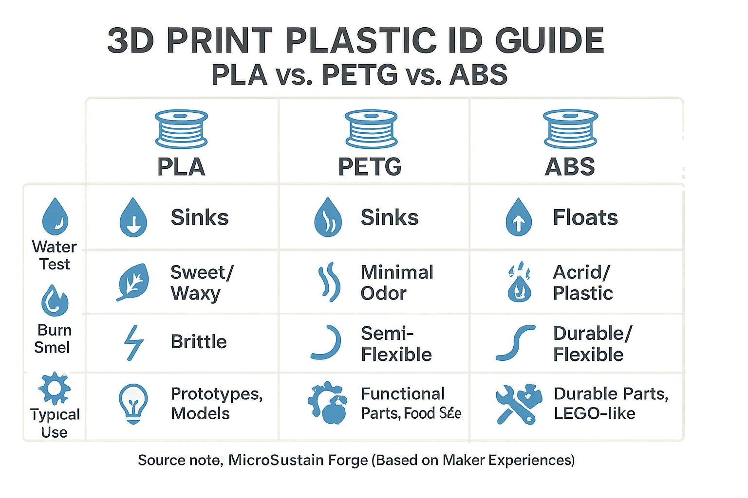 Table comparing PLA, PETG, ABS properties (e.g. float, smell, flex) with icons, highlighting differences for waste ID.