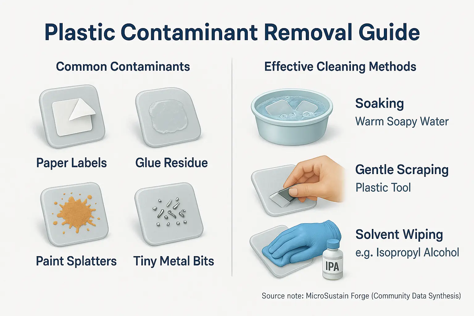 Infographic: Plastic contaminants (labels, glue, paint, metal bits) & icon-based removal: soaking, scraping, solvent wiping.