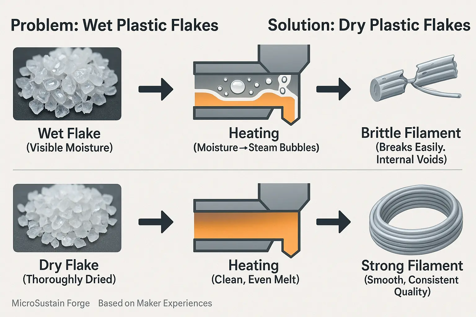 Infographic: Wet flakes heated make brittle filament; dry flakes make strong filament, showing why drying plastic is crucial.