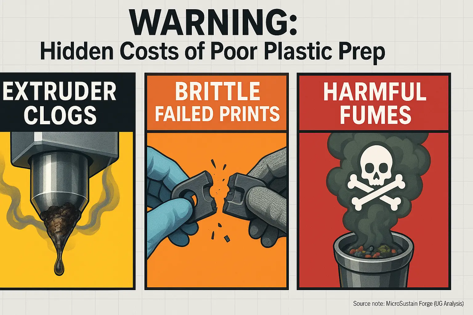 Poor plastic prep warning signs: clogged nozzle, snapping print, toxic fumes (skull icon), leading to clogs, failures,