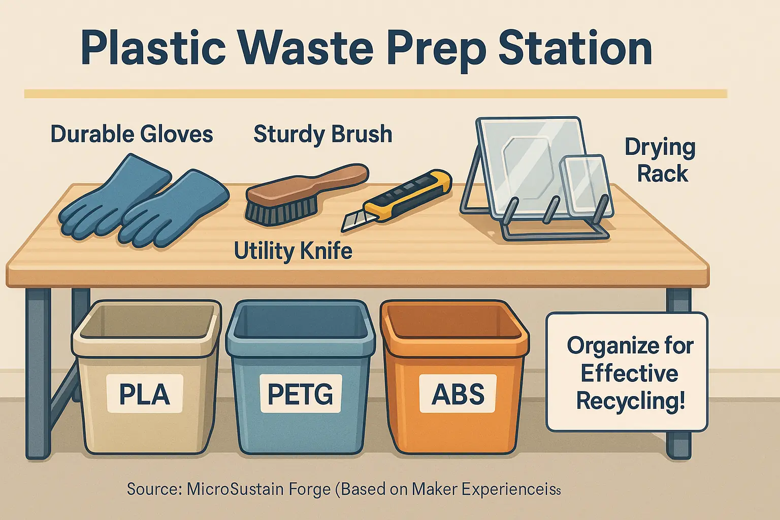 Infographic: Simple plastic waste prep station—gloves, brush, PLA/PETG/ABS bins, drying rack—for sorting & cleaning.