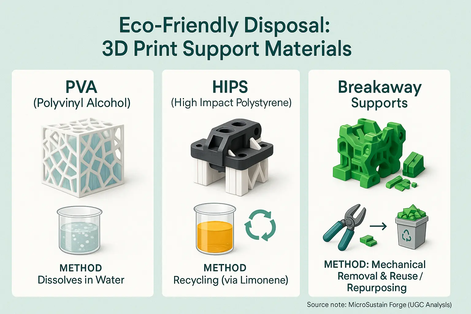 Infographic: 3D supports PVA (dissolves), HIPS (recycles), Breakaway (reused), illustrating varied disposal challenges.