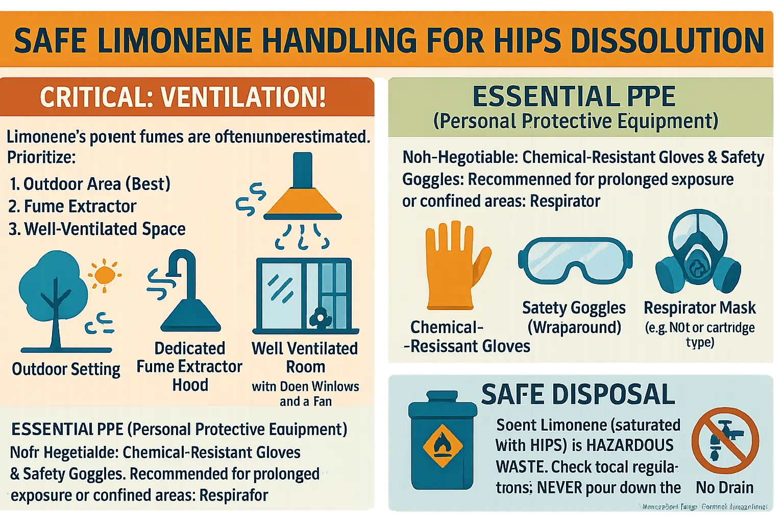 Infographic: Critical safety for Limonene HIPS dissolution, highlighting essential ventilation & PPE for handling/disposal.