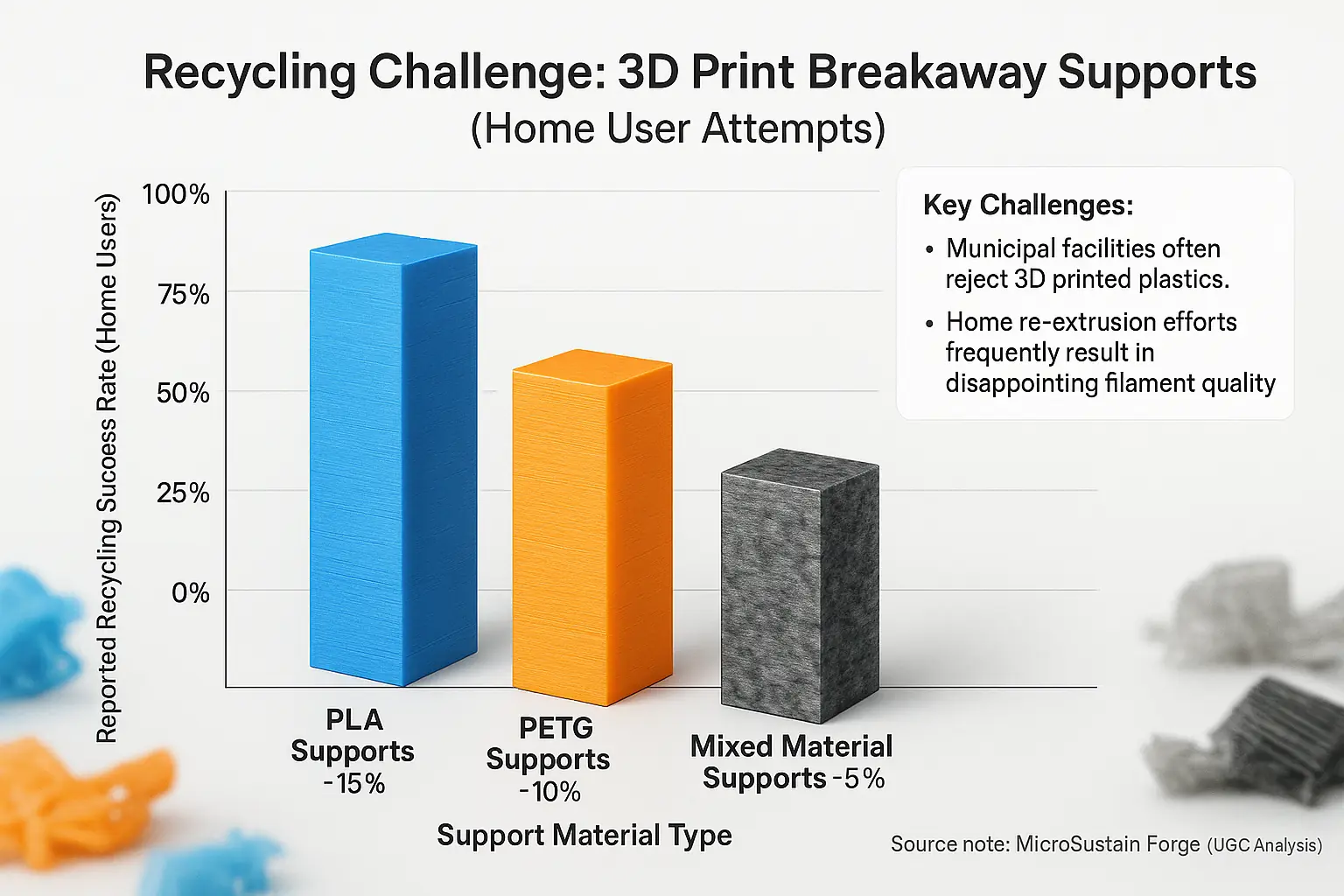 Bar chart comparing recycling difficulty: PLA, PETG, & mixed breakaway supports for home users, via user success rates.