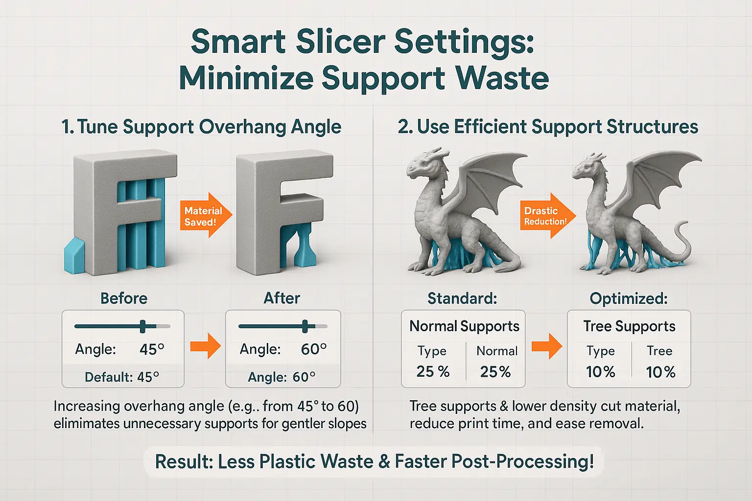 Infographic: Key slicer settings (angle, density, type) with visual examples for minimizing 3D print support material.