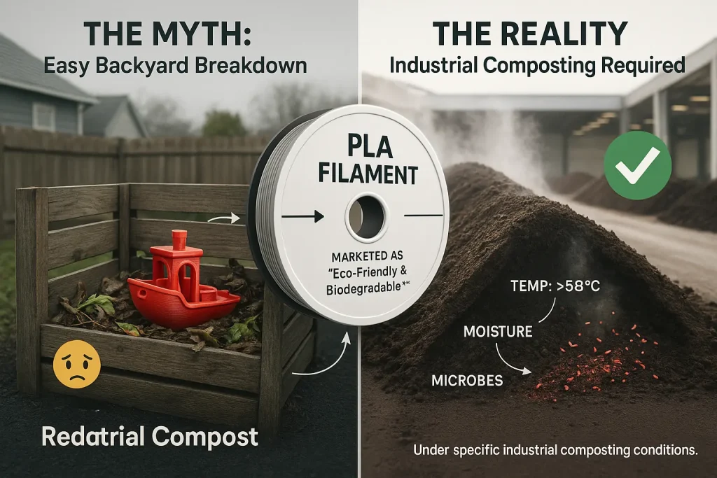 PLA spool labeled 'biodegradable' contrasts a struggling home compost with a thriving industrial facility, showing the