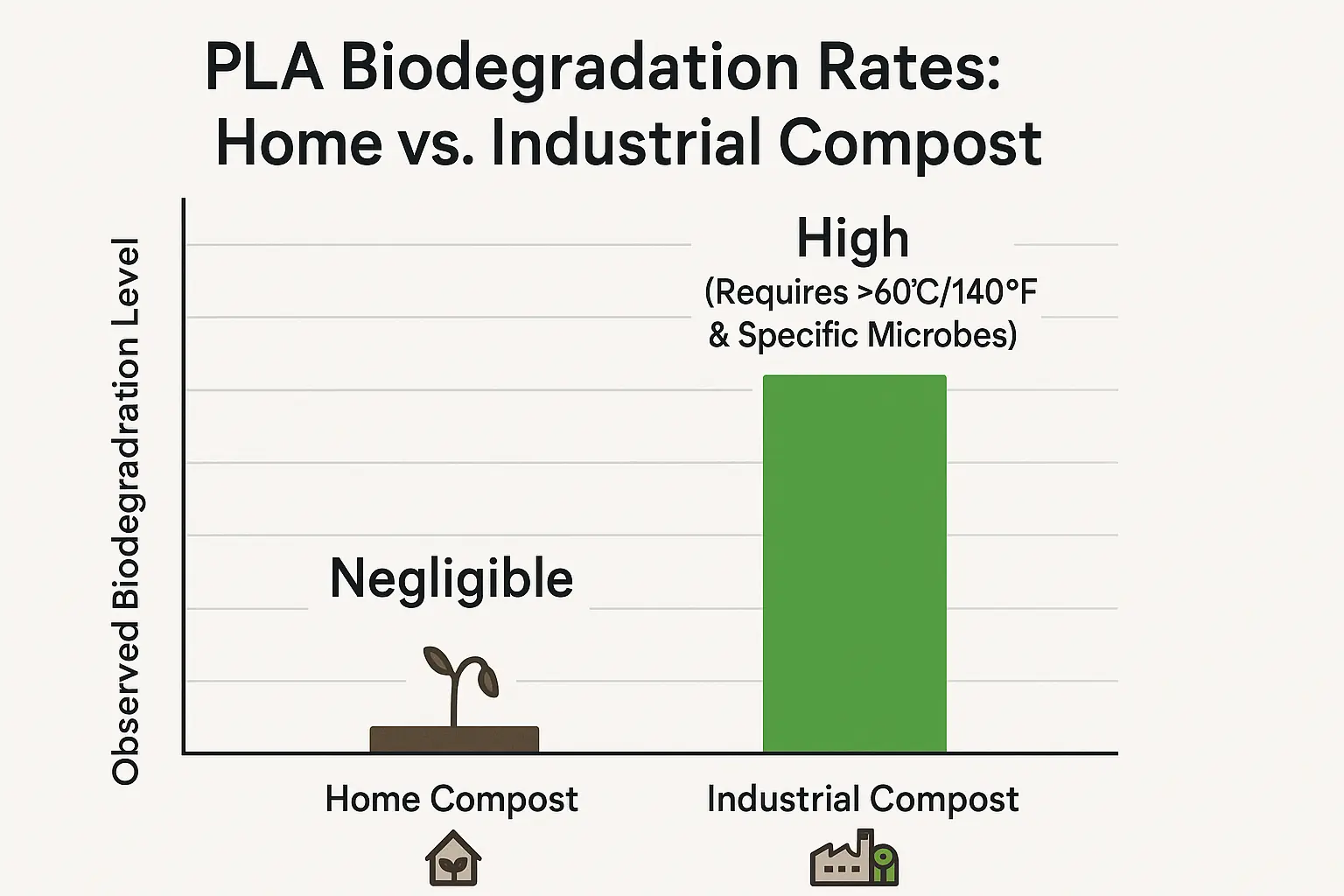 Bar chart: Stark difference in PLA biodegradation—negligible in home compost, high in industrial—showing home composting