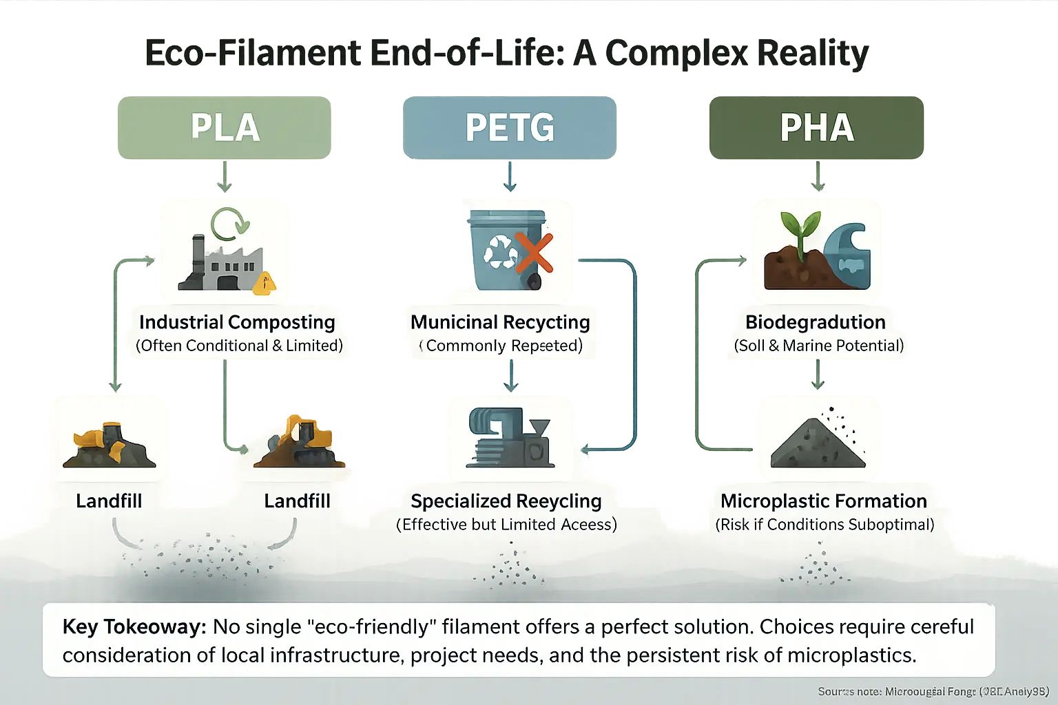 Infographic compares PLA, PETG, PHA disposal: compost, landfill, microplastics, recycling issues, biodegradation, showing