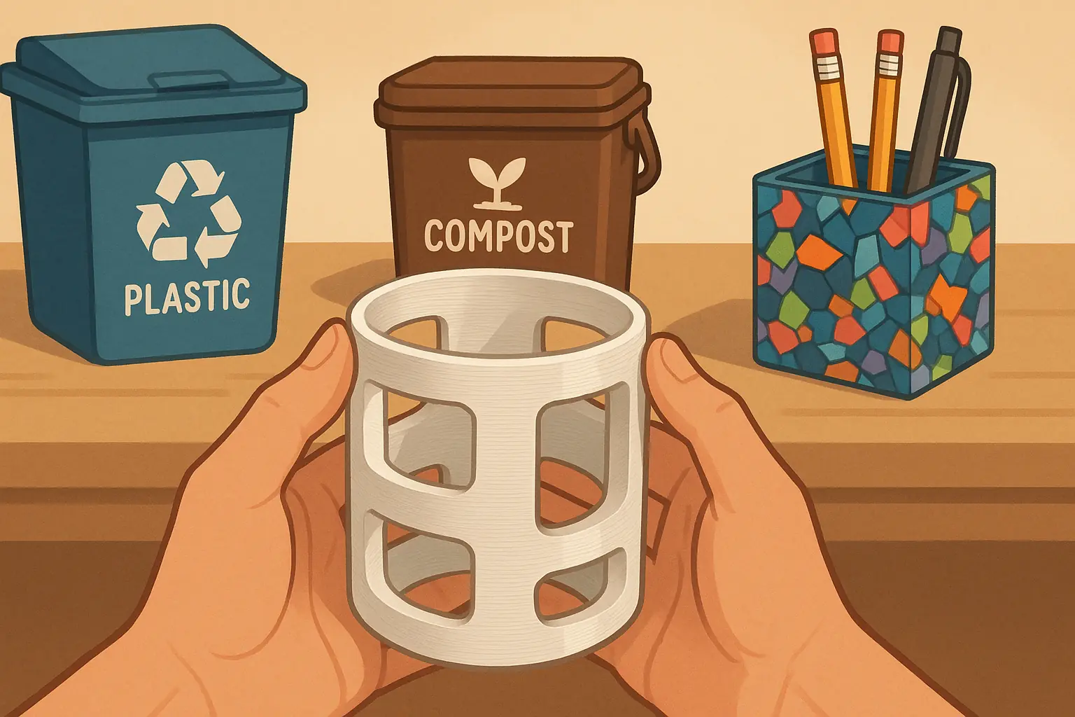 Maker's hands with 3D print, showing responsible disposal beyond the bin: recycling, composting, and upcycling.
