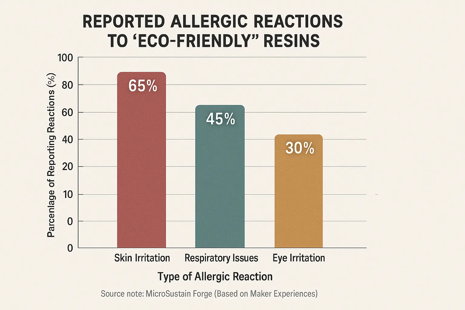 Bar chart: Percentages of user-reported skin, respiratory, & eye allergic reactions to eco-resins, per UGC.
