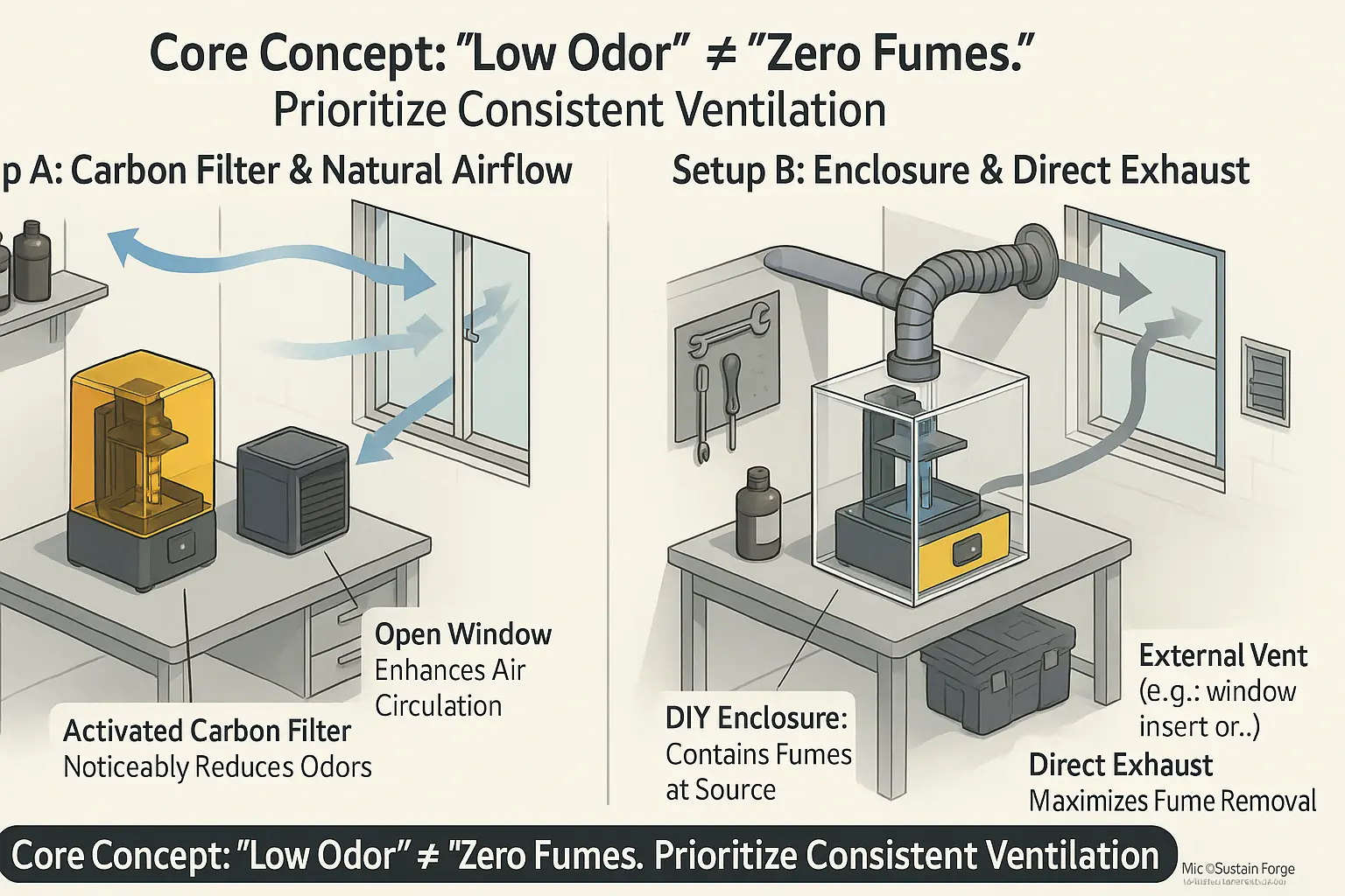 Community-proven DIY ventilation setups for resin 3D printing, showing airflow & fume extraction for odor control.