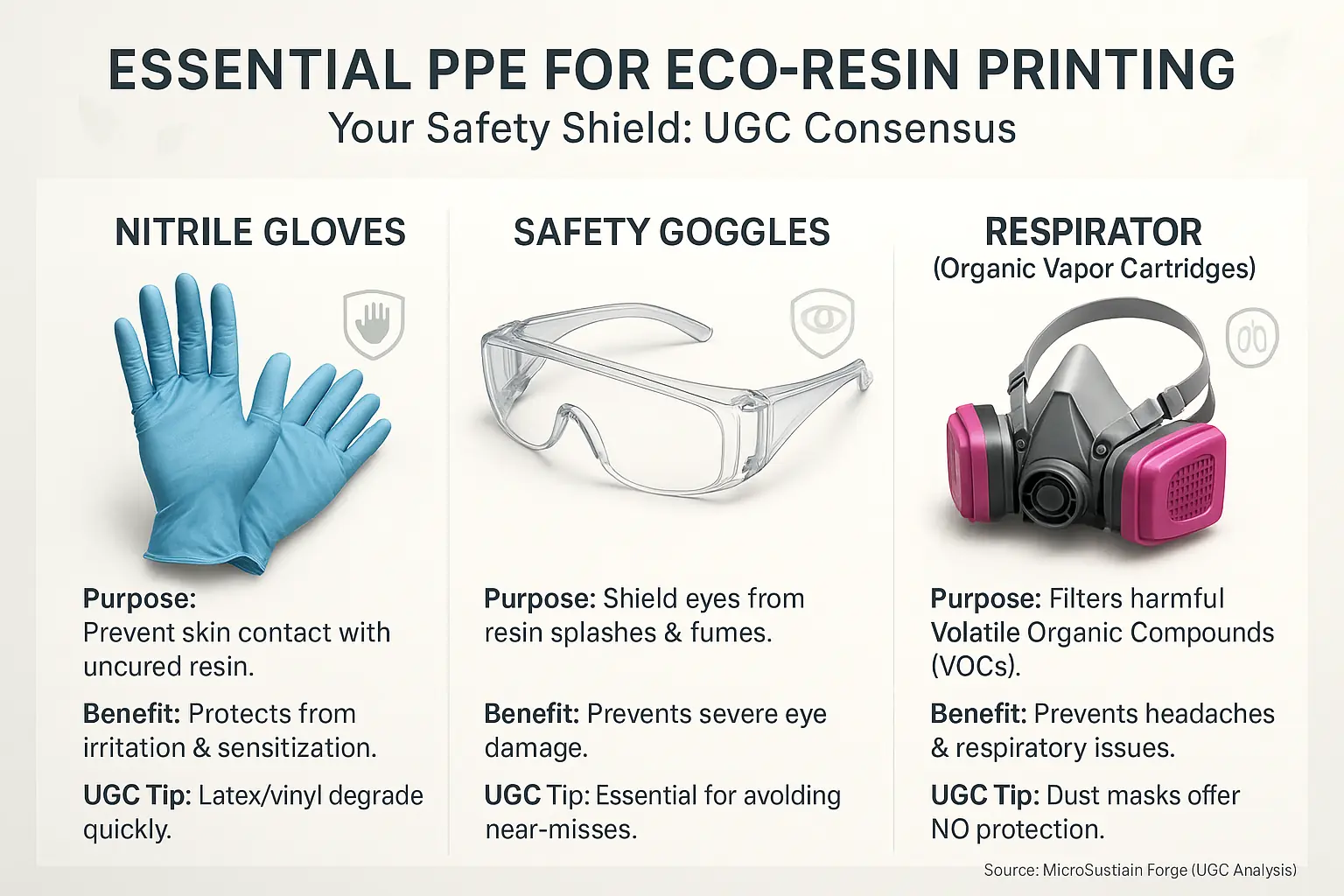 Essential PPE checklist for eco-resin 3D printing (gloves, goggles, respirator & purposes), per UGC consensus.