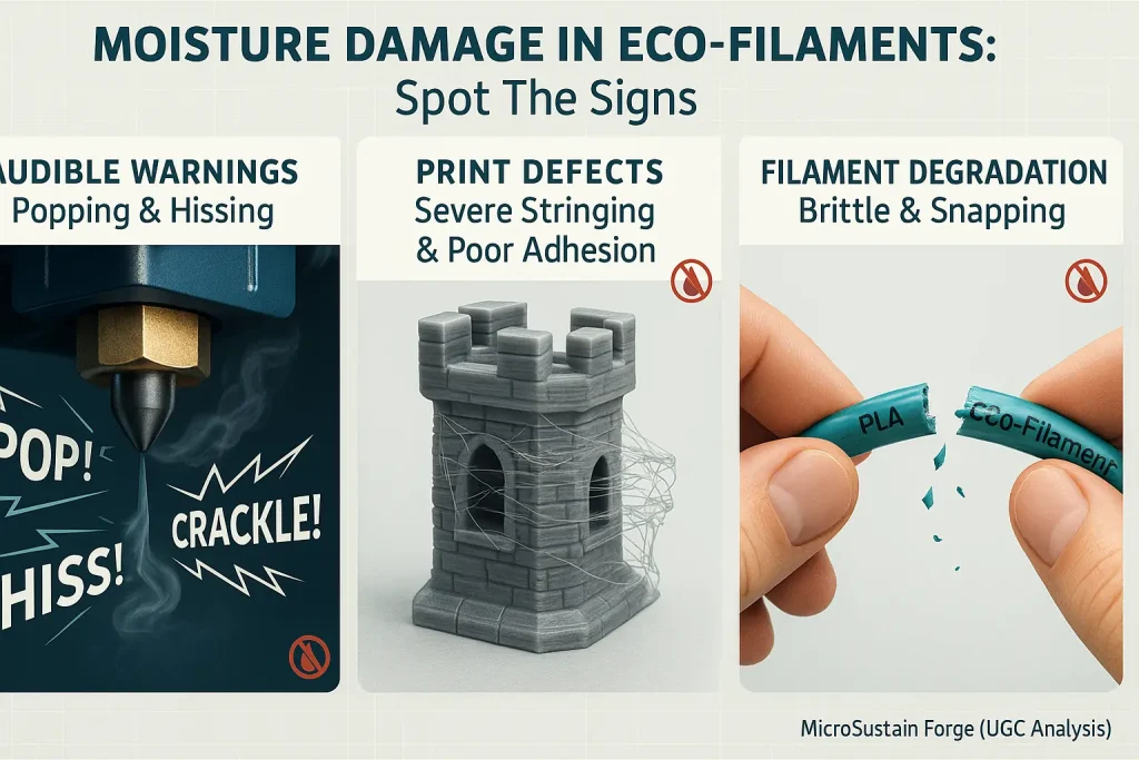 Infographic: Illustrates moisture damage signs in 3D filament (popping, stringing, brittle) for eco-filament storage