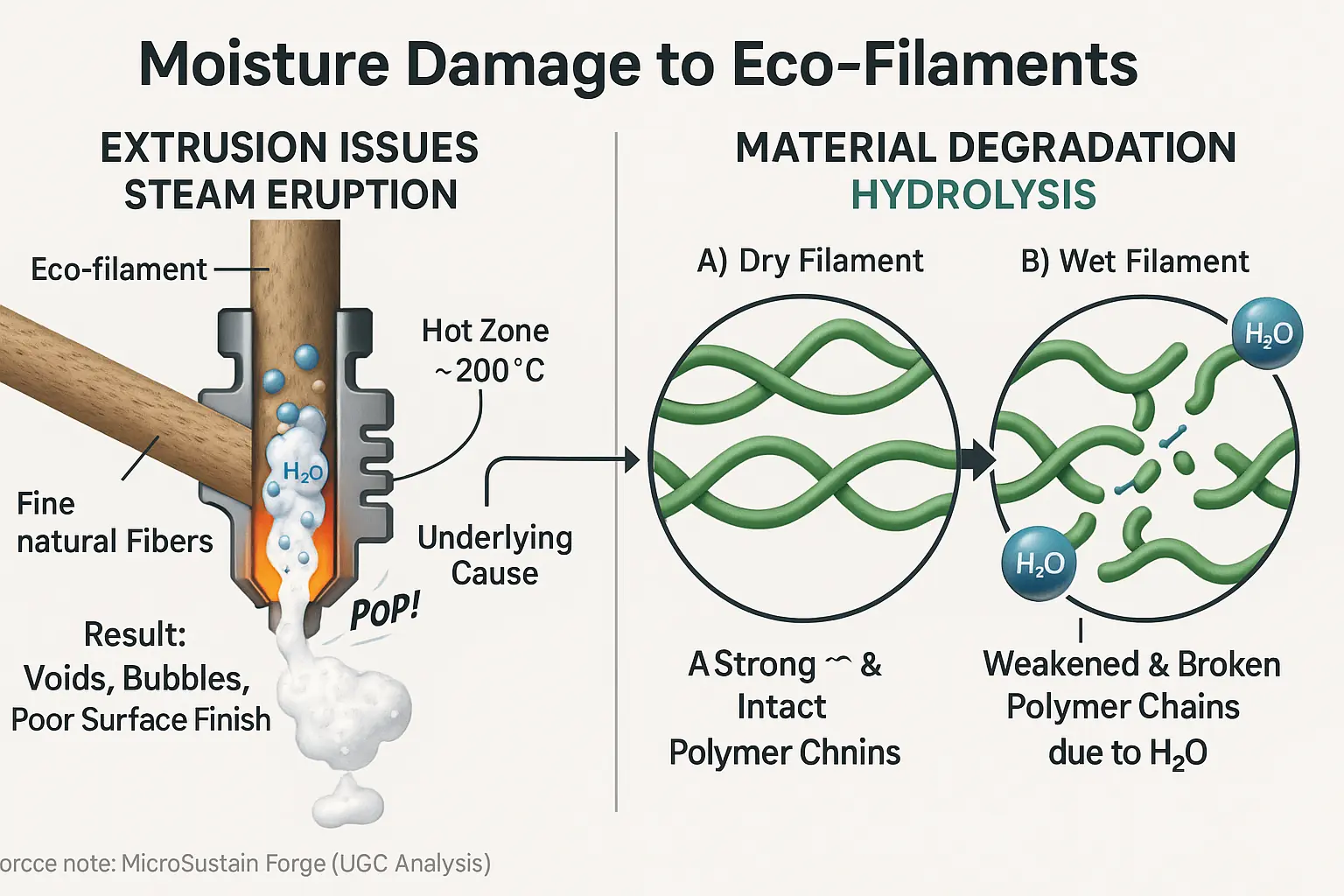 Filament absorbing moisture, then extruding with visible steam bubbles and internal polymer chain breakage, harming