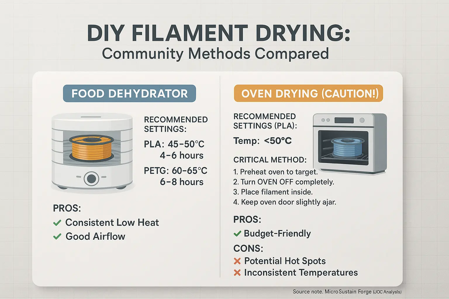 Infographic: DIY filament drying methods (dehydrator, oven, dry box) compared by pros, cons, & temps for reviving spools.