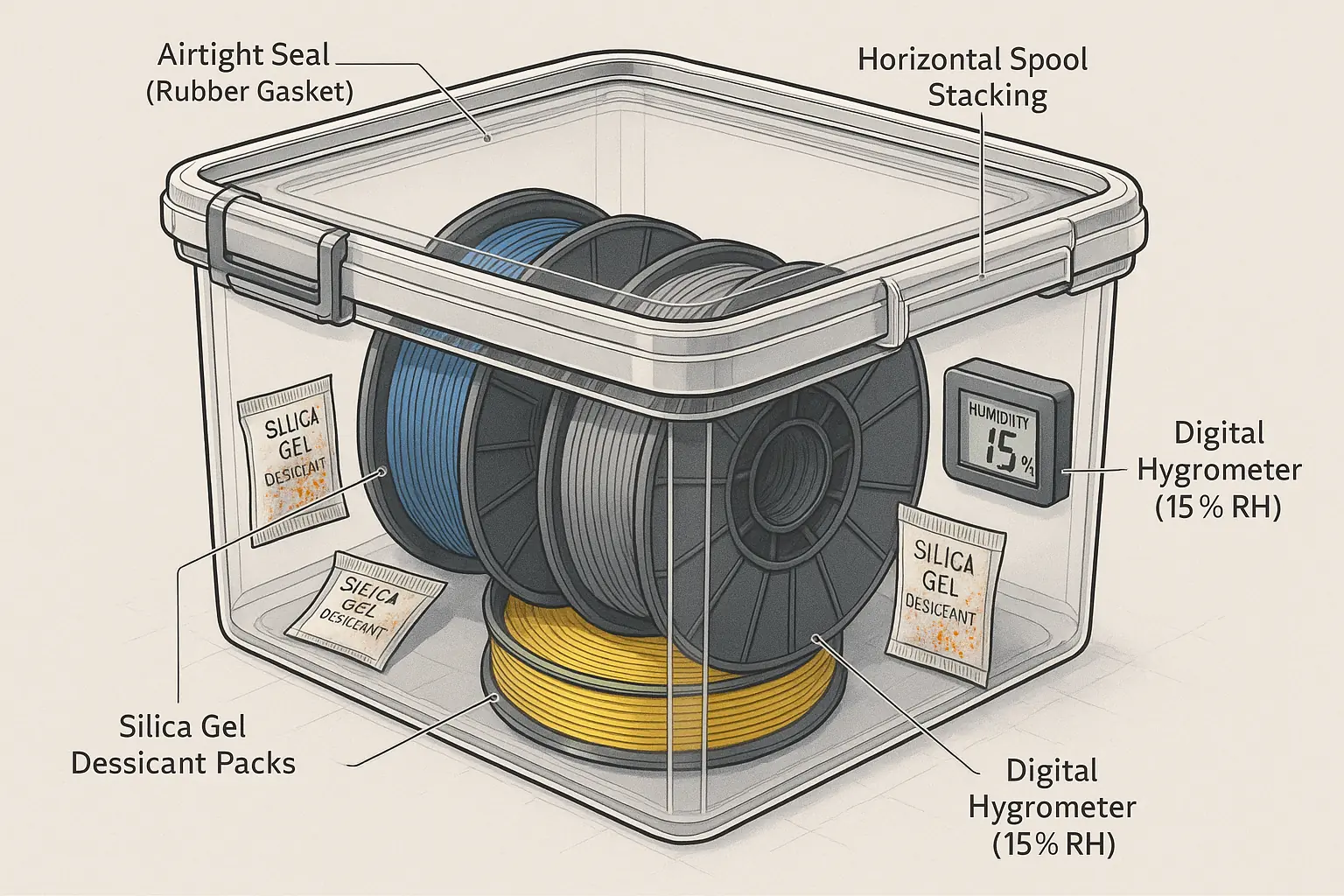 DIY dry box setup for filament: airtight container, desiccant, hygrometer ensure long-term filament freshness.