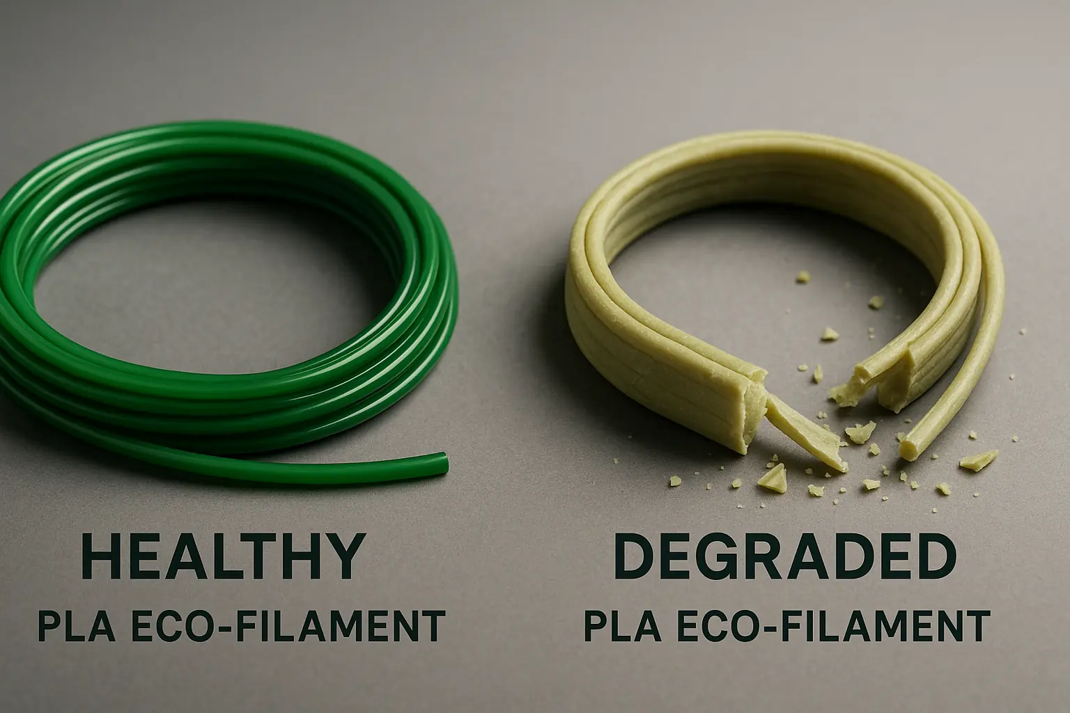 Side-by-side: healthy, flexible filament and a severely brittle, discolored, crumbling filament.