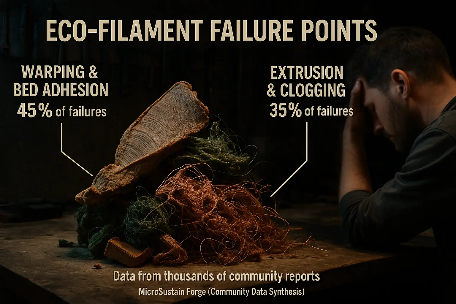 Frustrated maker with piled-up failed eco-filament 3D prints, illustrating the common eco-printing pain point.