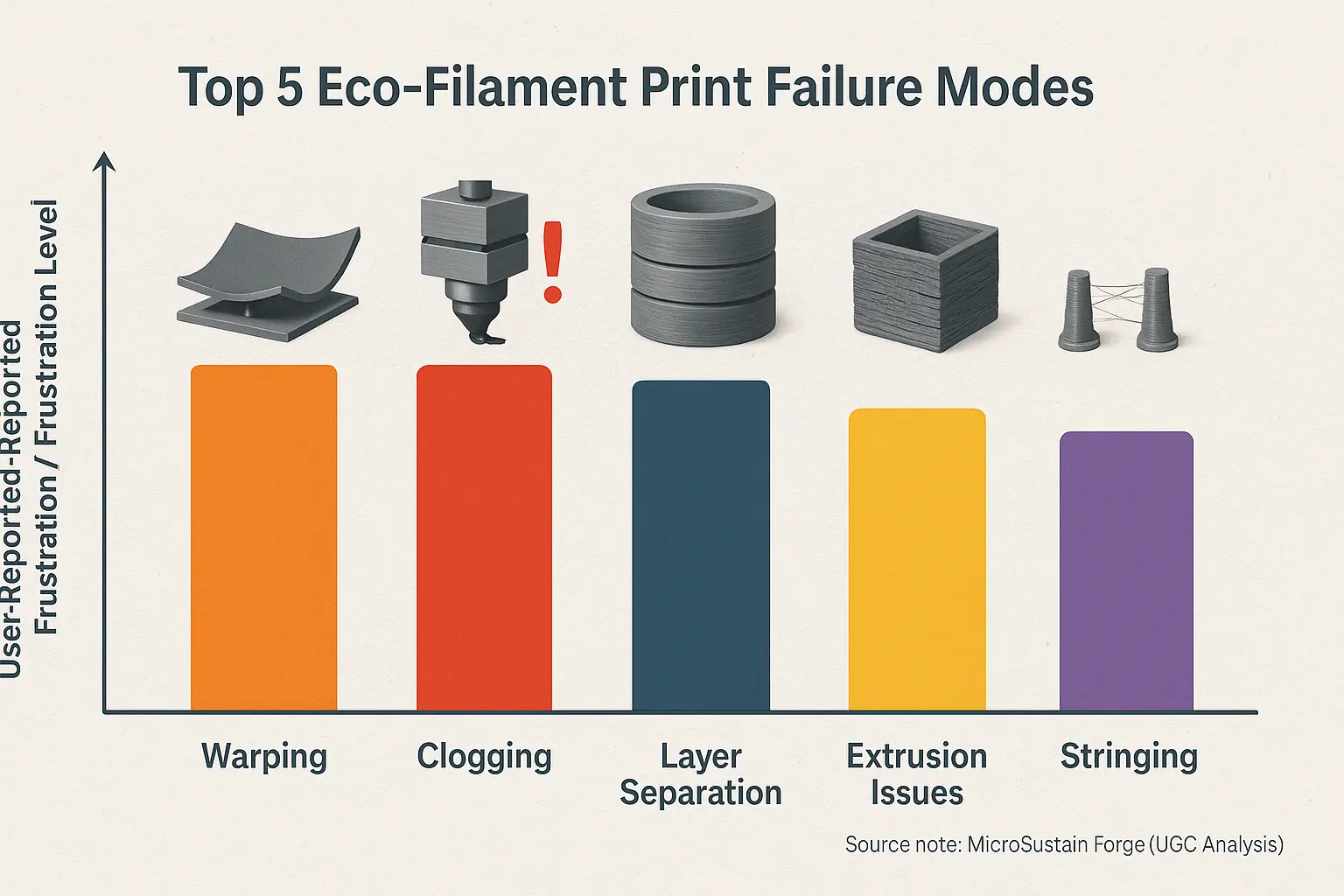 Bar chart: Top 5 eco-filament print failure modes (e.g., Warping) ranked by user-reported frequency/frustration, with icons.
