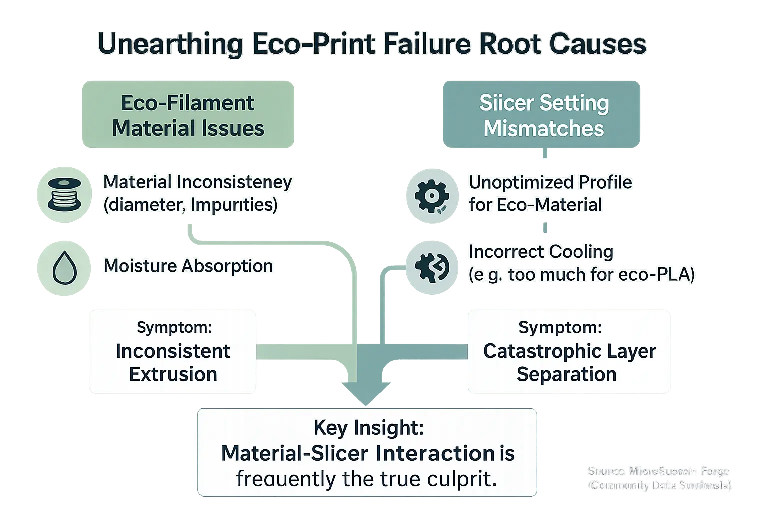Flowchart: Unearthing root causes of eco-filament print failures by linking symptoms to moisture, slicer, or material issues.