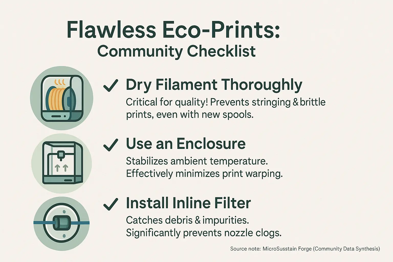 Infographic checklist: Top 3-4 community-proven preventative measures with icons for flawless eco-filament prints.