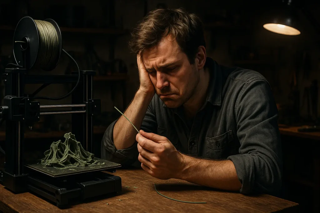 User's frustration with snapped eco-filament and broken 3D print, a common workshop issue of filament breakage.