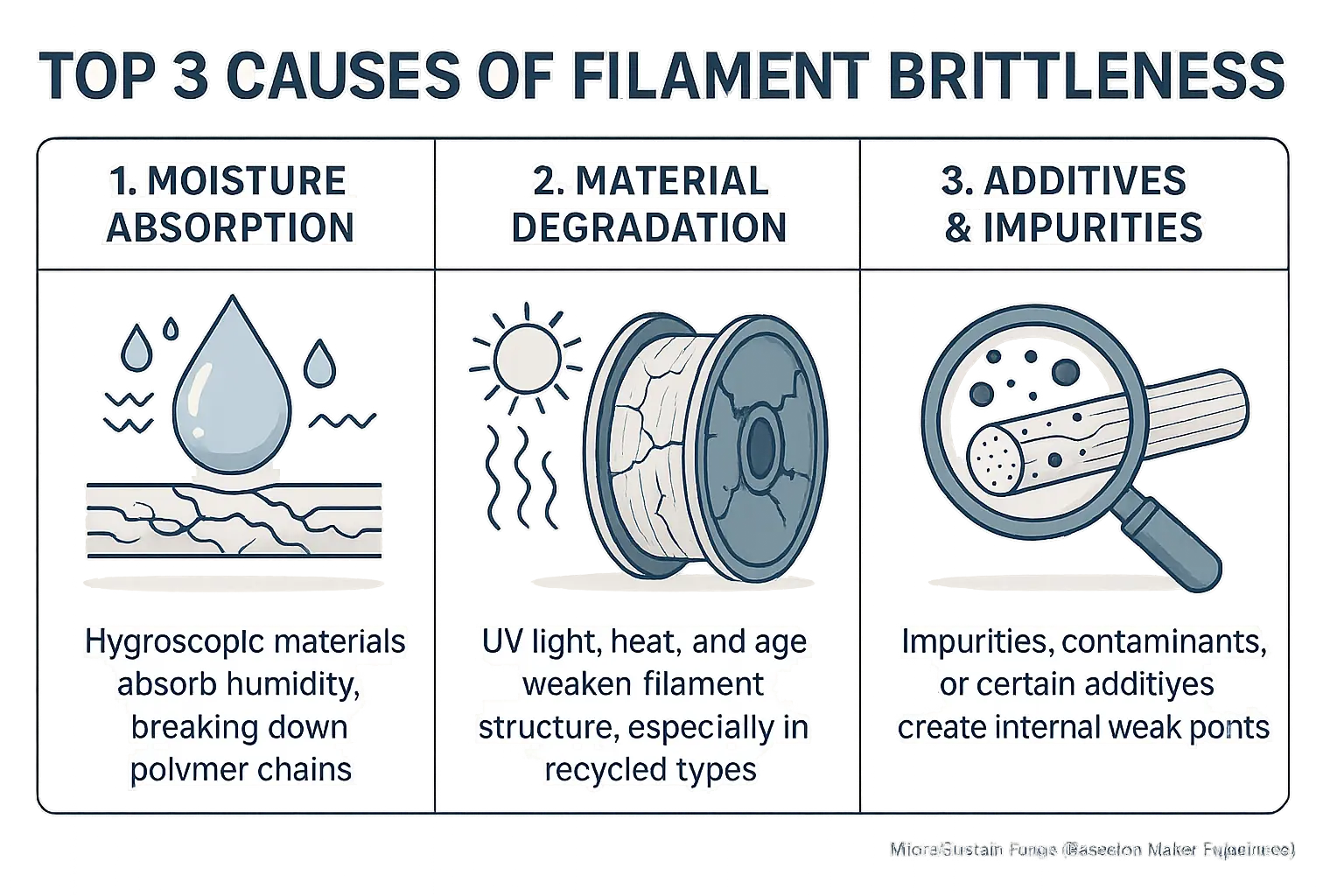 Infographic: Top 3 brittle filament causes – Moisture, Degradation, Additives – each with an icon and small visual.