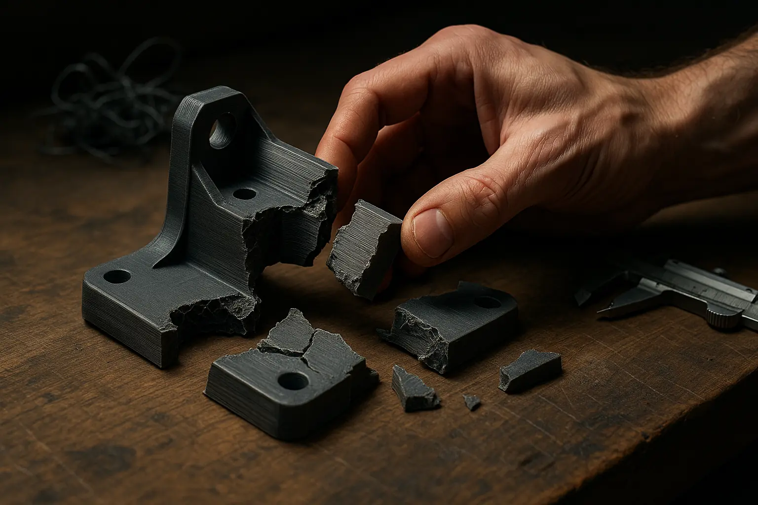 Frustrated hand tries assembling a 3D print, shattered from brittle filament, revealing layer delamination and brittle