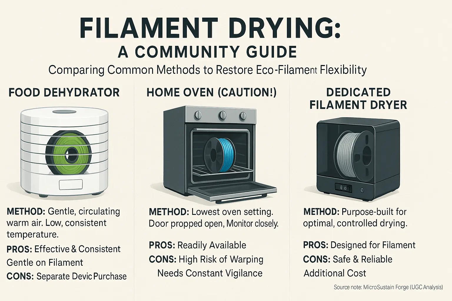 Infographic: Pros & cons of filament drying methods (dehydrator, dryer box, oven) for restoring eco-filament flexibility.