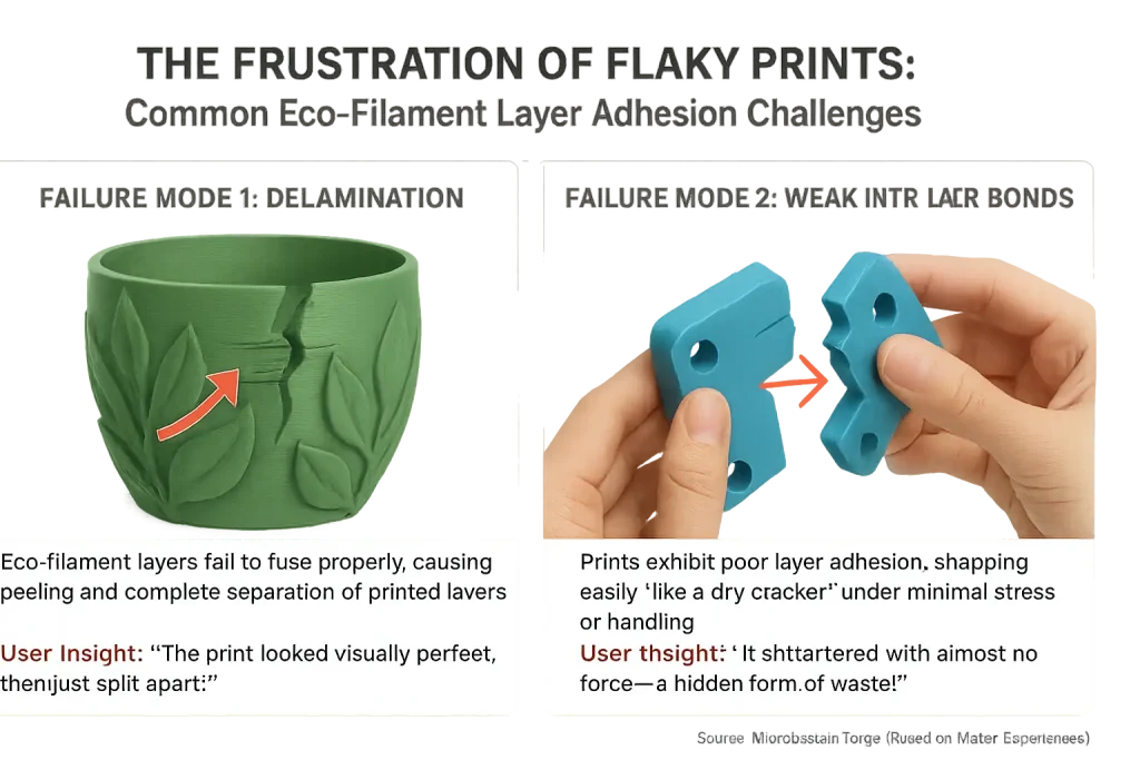 Infographic: Visuals of eco-filament layer adhesion failures (delamination, weak bonds) & resulting user frustration.