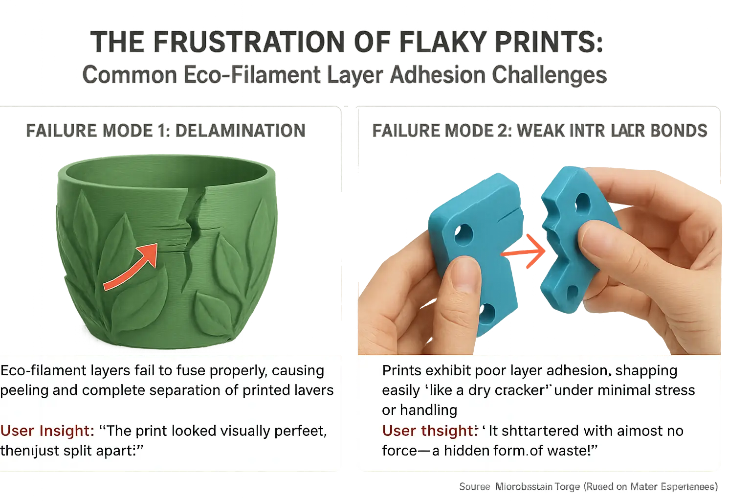 Infographic: Visuals of eco-filament layer adhesion failures (delamination, weak bonds) & resulting user frustration.