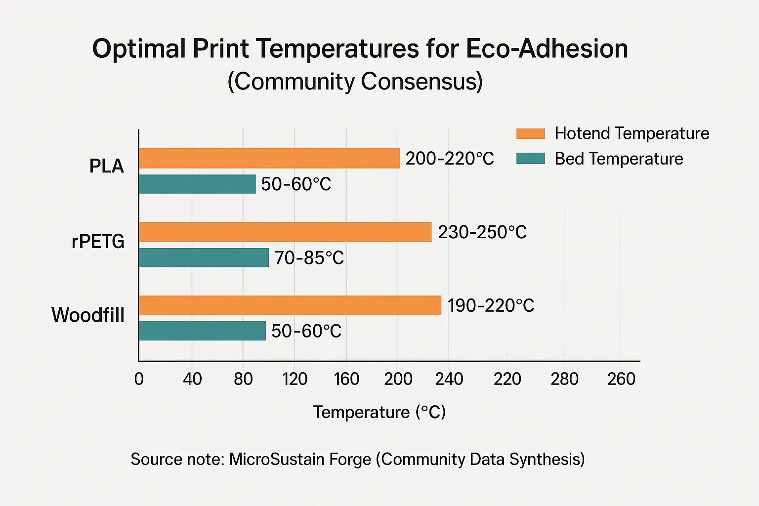 Bar chart: Community-vetted optimal hotend/bed temps for PLA, rPETG, Woodfill ensuring best layer adhesion.