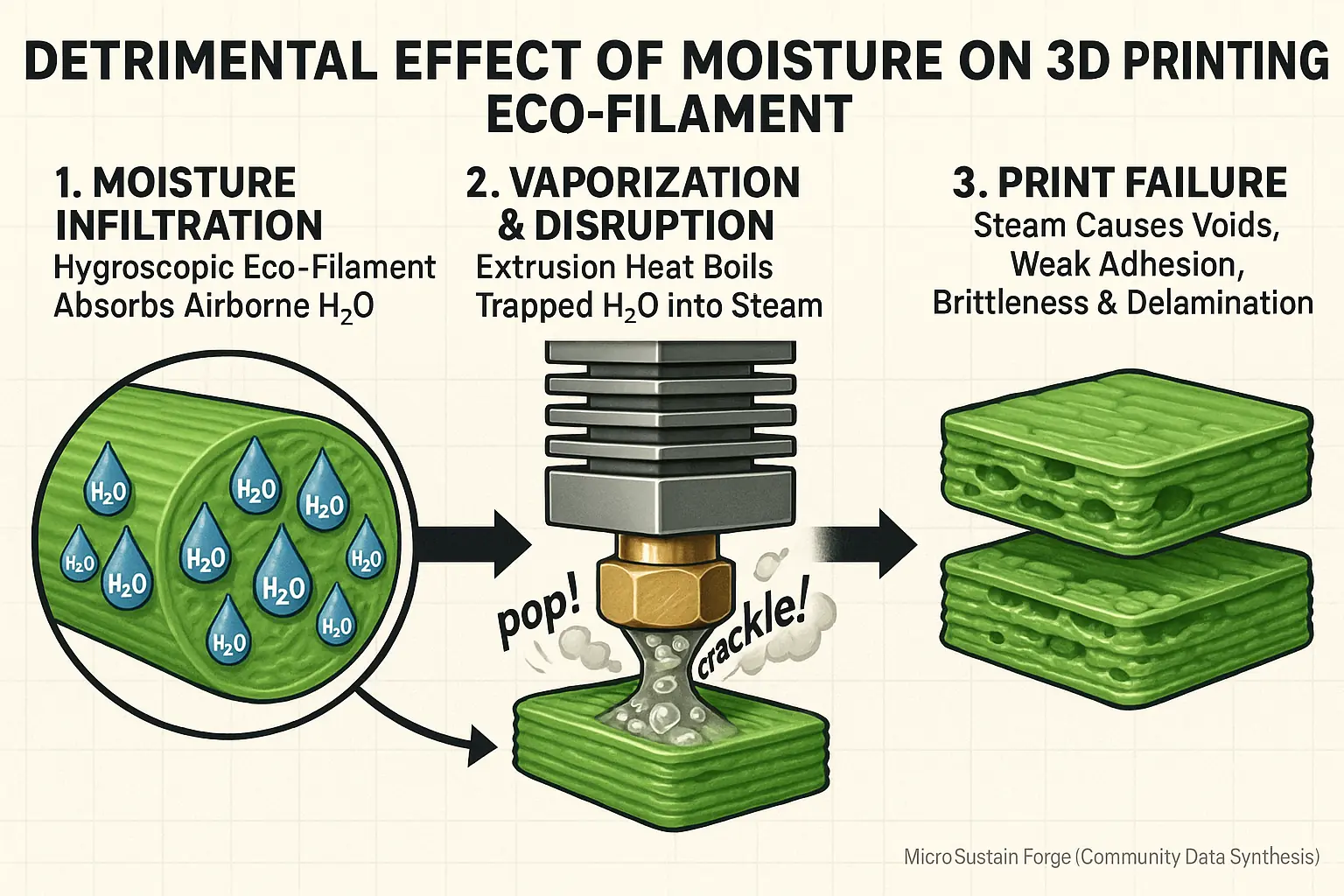 Infographic: How moisture degrades filament (steam, brittleness), causing poor layer adhesion and failed eco-prints.