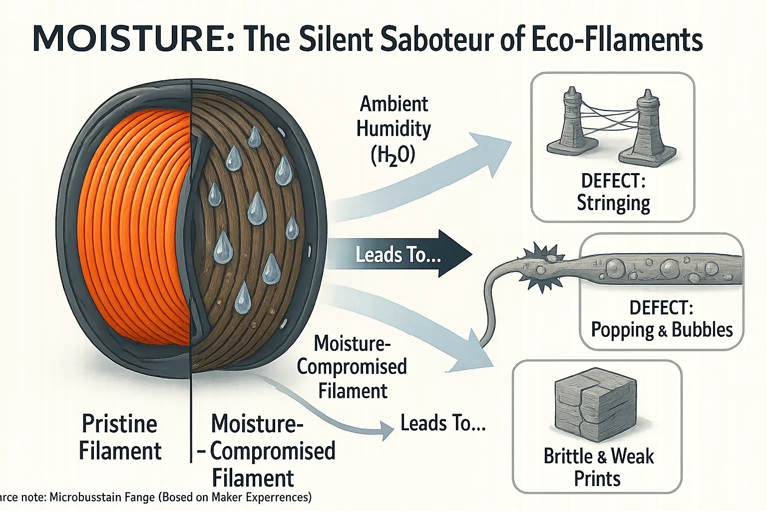 Filament spool absorbing moisture from humid air, causing print defects: stringing, brittle, popping.