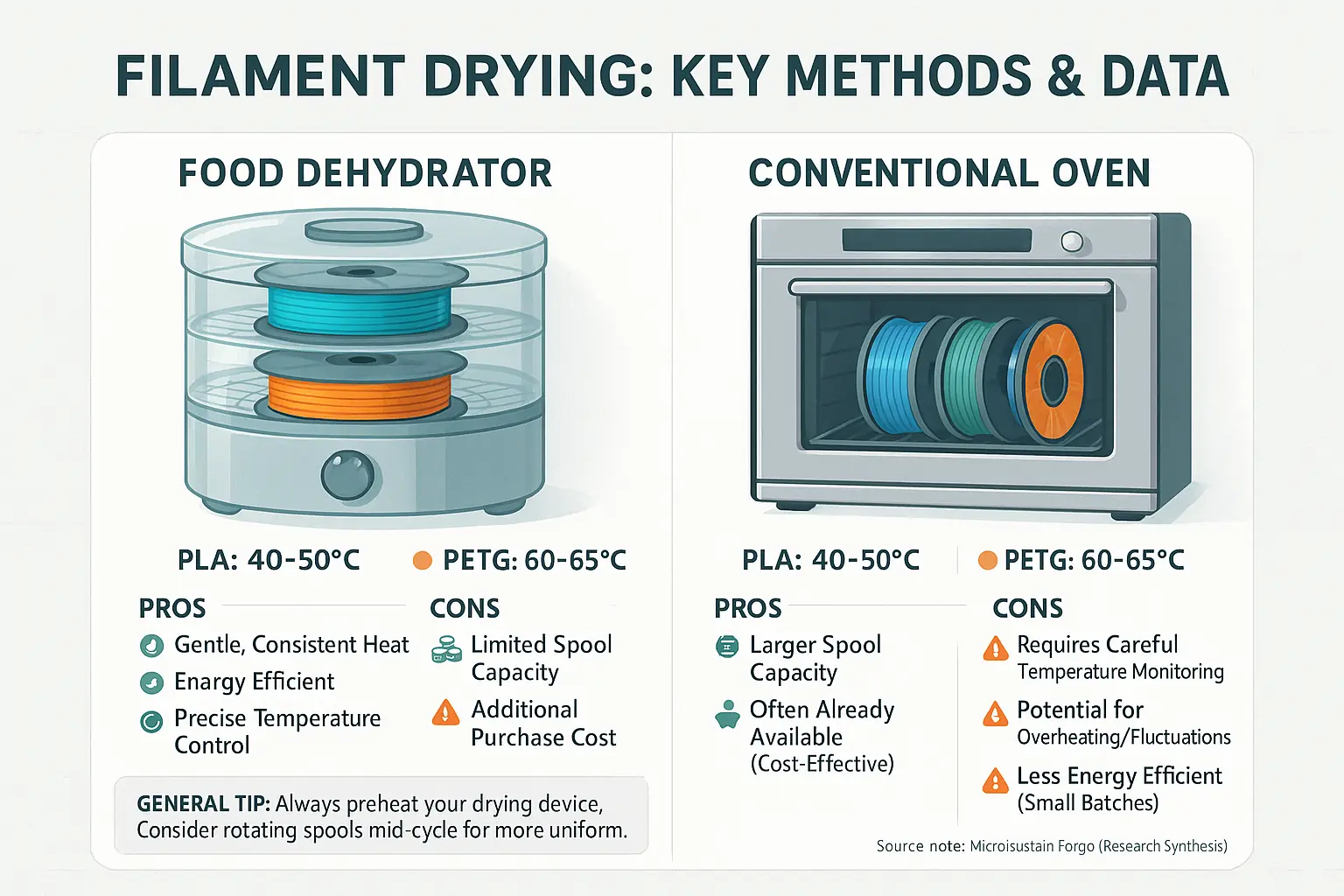 Infographic comparing three filament drying methods—dehydrator, DIY oven, dedicated dryer—with user-tested pros and cons for