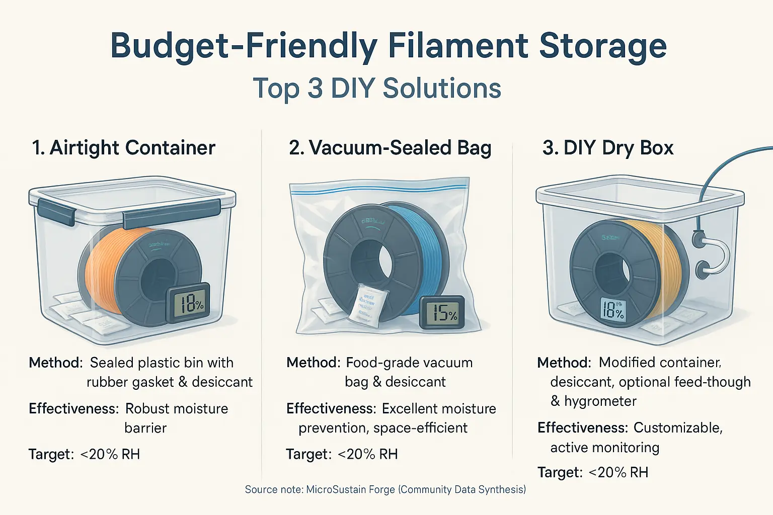 Infographic: User-rated long-term effectiveness of budget filament storage (containers, vacuum bags, DIY dry boxes).