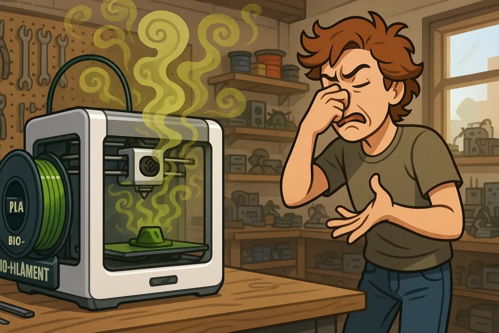 Cartoon maker holds nose in workshop as 3D printer emits unpleasant bio-filament odor cloud.